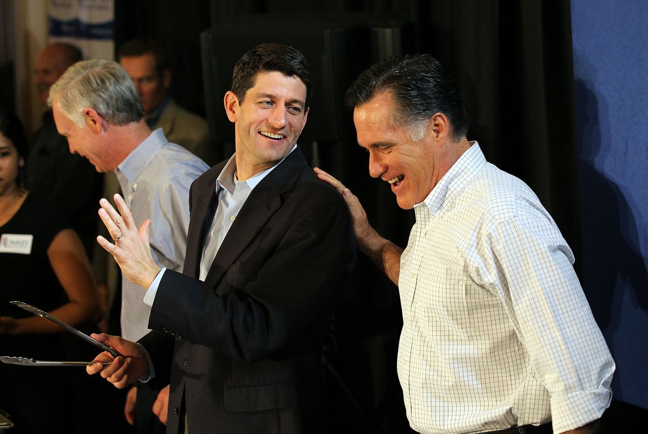 Romney jokes with Ryan in April 2012 during a pancake brunch at Bluemound Gardens in Milwaukee.