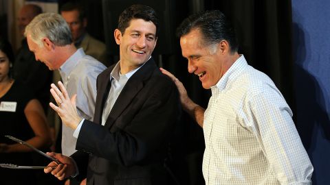 Romney jokes with Ryan in April 2012 during a pancake brunch at Bluemound Gardens in Milwaukee.