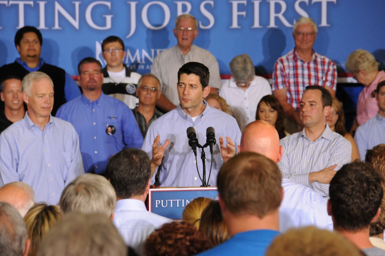 Ryan speaks while campaigning for Romney at a textile factory in Janesville, Wisconsin, on June 18, 2012.
