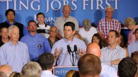 Ryan speaks while campaigning for Romney at a textile factory in Janesville, Wisconsin, on June 18, 2012.