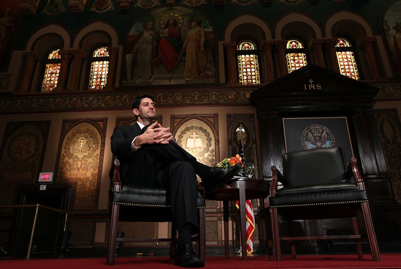 Ryan is introduced before speaking about the federal budget at Georgetown University on April 26, 2012.