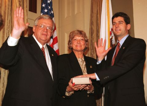 Speaker of the House Denis Hastert, left, administers the oath of office to Ryan at the beginning of his first term as representative of Wisconsin on January 6, 1999.