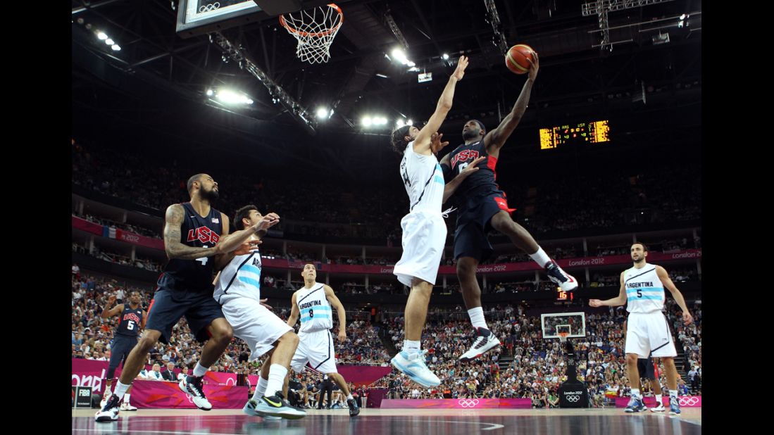 LeBron James, No. 6 of the United States, goes up for a shot against Luis Scola, No. 4 of Argentina, during the men's basketball semifinal match on August 10. The games ran through August 12 -- <a href="http://www.cnn.com/2012/08/09/worldsport/gallery/olympics-day-thirteen/index.html">check out the best moments from Day 13 of competition</a> on Thursday.