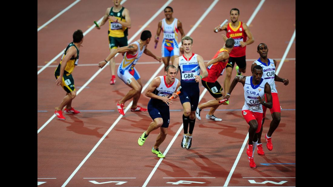 Jack Green of Great Britain and David Greene of Great Britain compete during the men's 4 x 400-meter relay final.