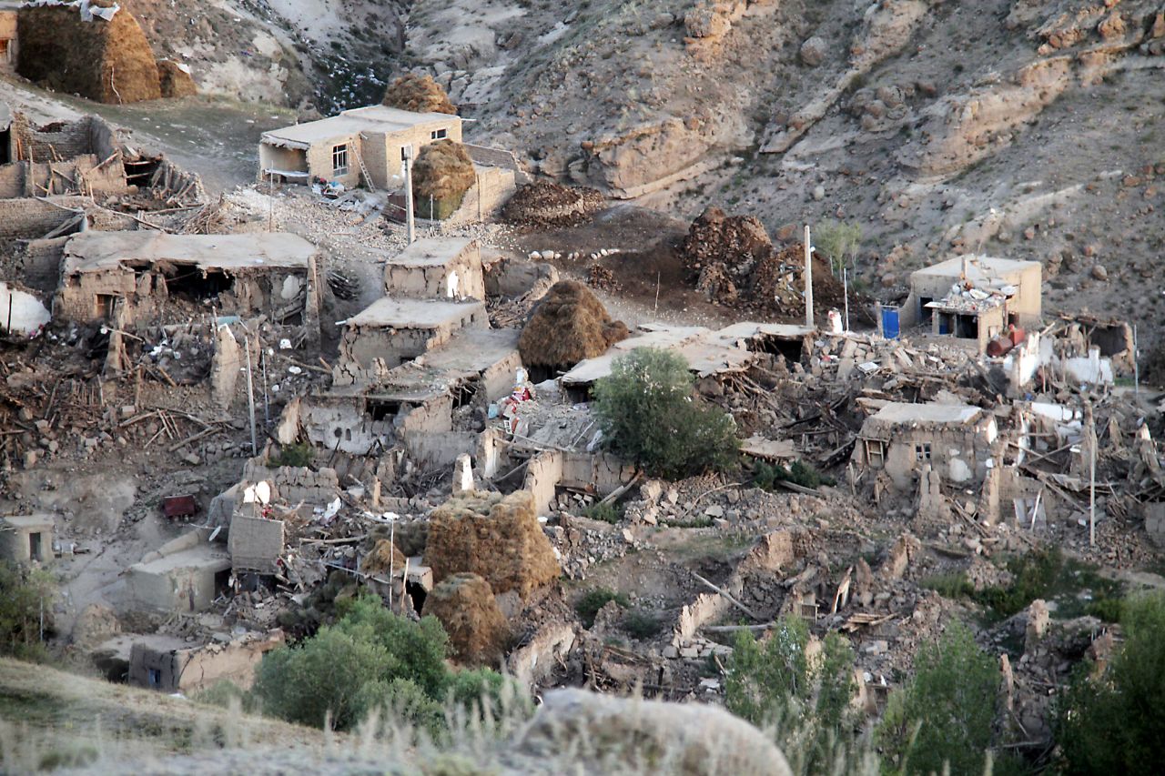 The village of Ishkhal lies in rubble after two earthquakes hit the area Saturday.  A third quake with a magnitude of 4.0 struck Sunday.