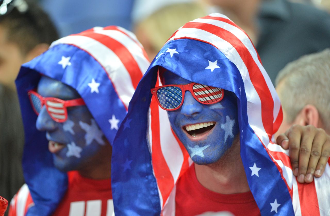 U.S. fans show their support at the men's gold medal basketball game between the United States and Spain at the North Greenwich Arena in London.
