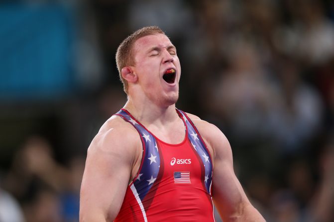 U.S. wrestler Jacob Varner celebrates after defeating Ukraine's Valerii Andriitsev in the men's 96-kilogram freestyle gold medal wrestling match in London.