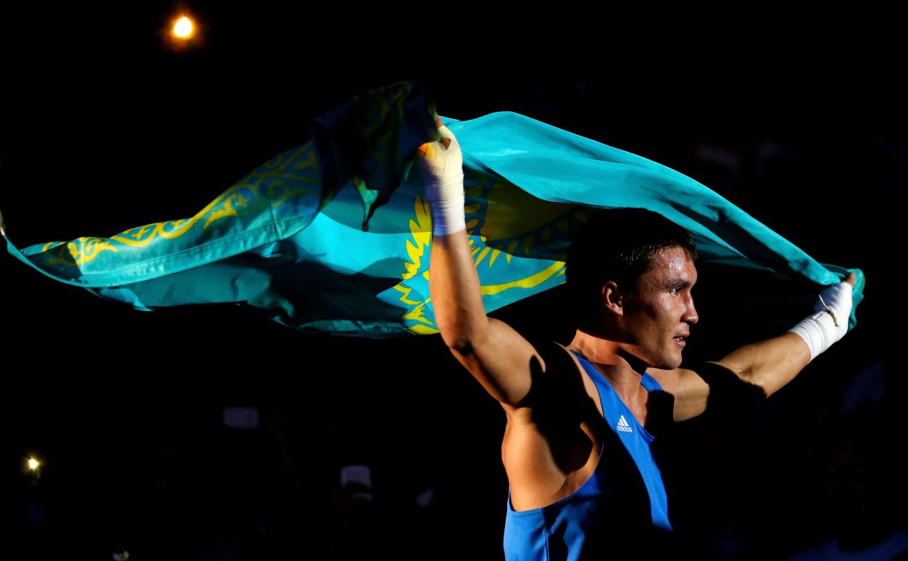 Kazakhstan boxer Serik Sapiyev enjoys the thrill of victory after defeating Freddie Evans of Great Britain in the men's welter 69-kilogram boxing final bout.