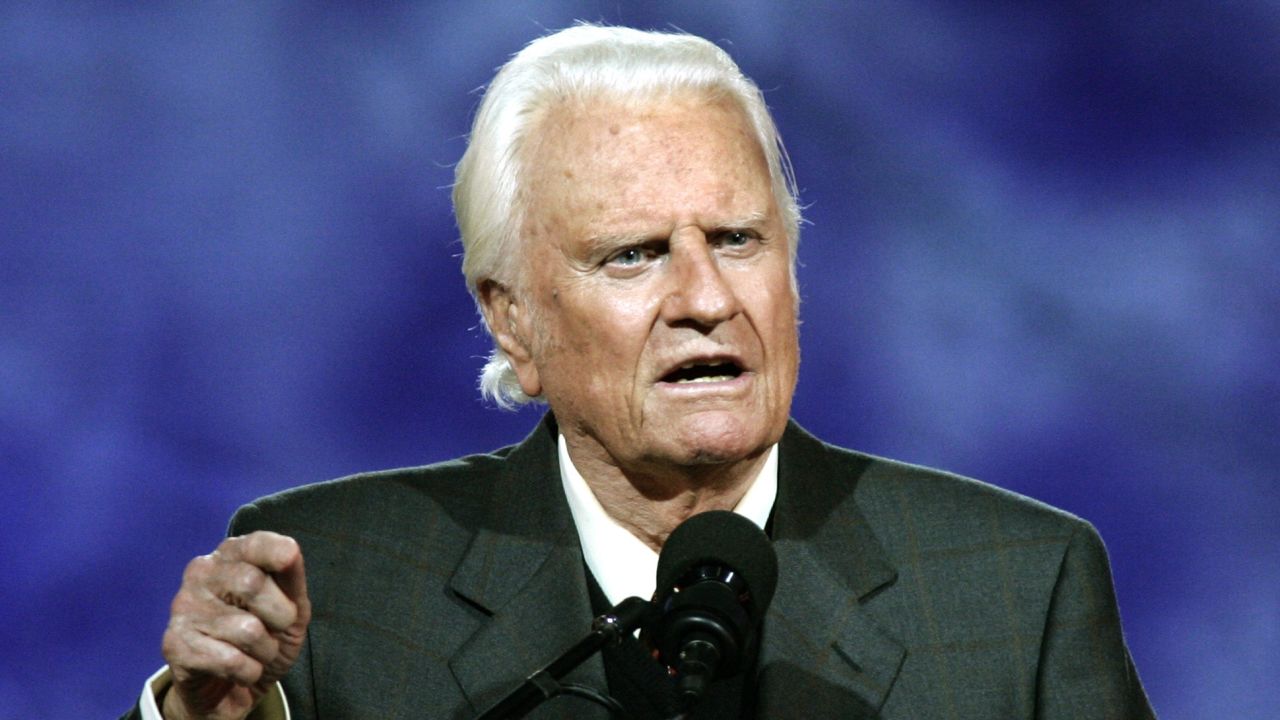 Billy Graham delivers a message at the Billy Graham Crusade at Flushing Meadows Park, New York,  in 2005.