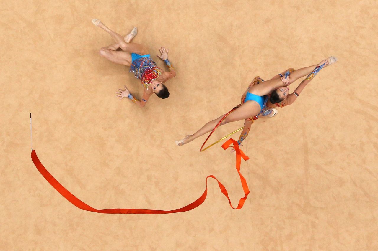 The Bulgarian team performs during the group all-around rhythmic gymnastics final.