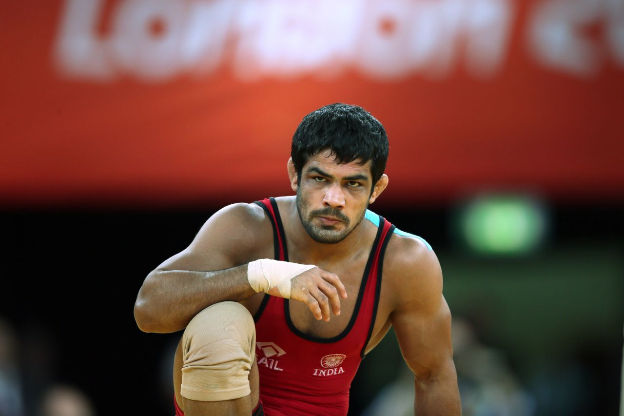 India's Sushil Kumar reacts during his fight against Japan's Tatsuhiro Yonemitsu in their men's 66-kilogram freestyle gold medal wrestling match. Kumar won the silver medal.