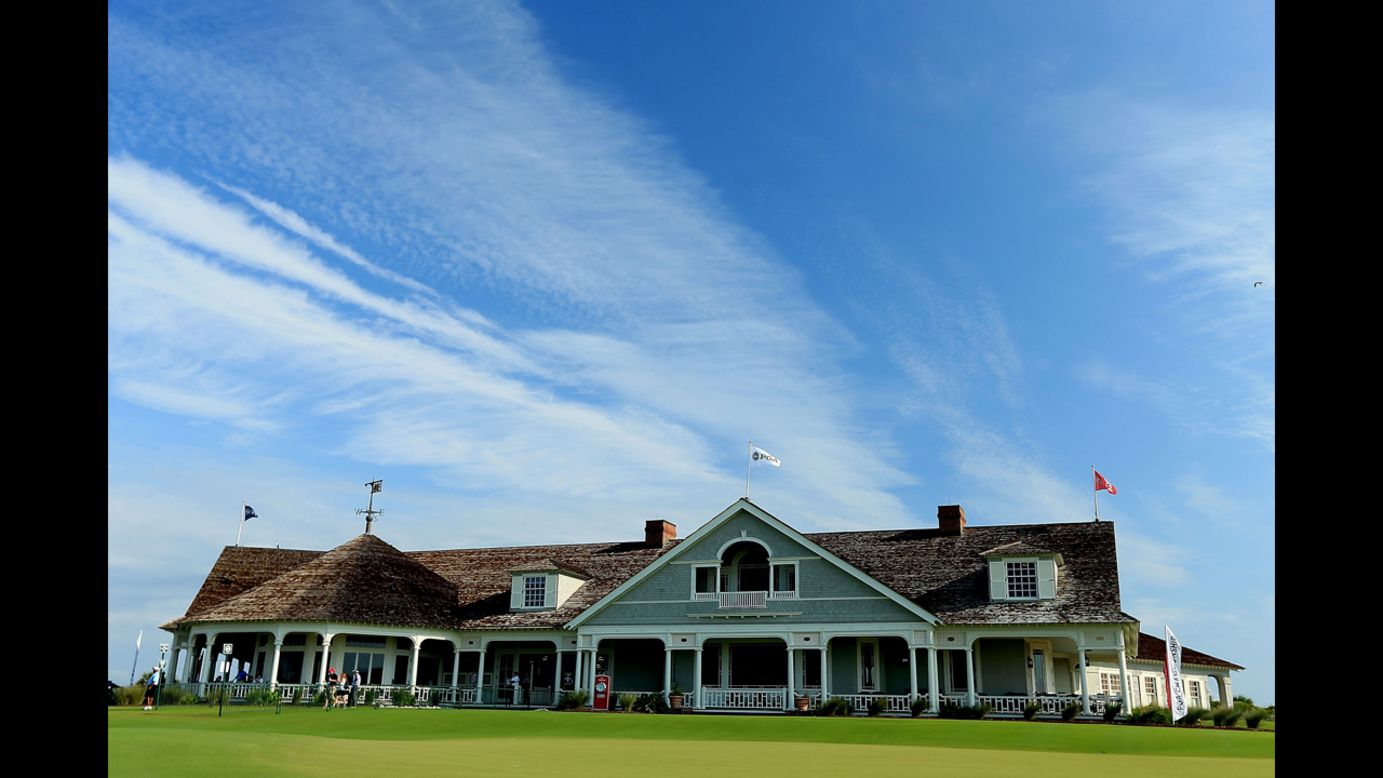 The Ocean Course's Shingle-style clubhouse overlooks the 18th green. The course previously hosted the 1991 Ryder Cup.