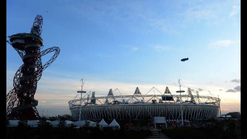 The sun sets over the Olympic Stadium few minutes before the start of the closing ceremony of the 2012 London Olympic Games.