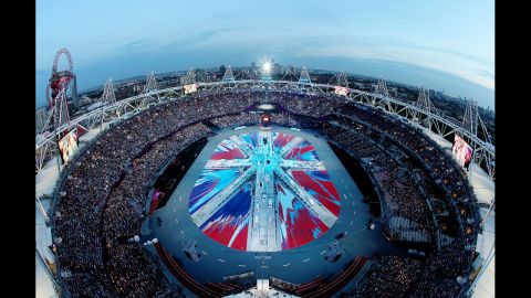 A view looking down into London's Olympic stadium shows a rendition of the Union Jack on the stadium floor as the closing ceremony gets under way.