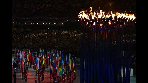 The Olympic cauldron burns during the closing ceremony.