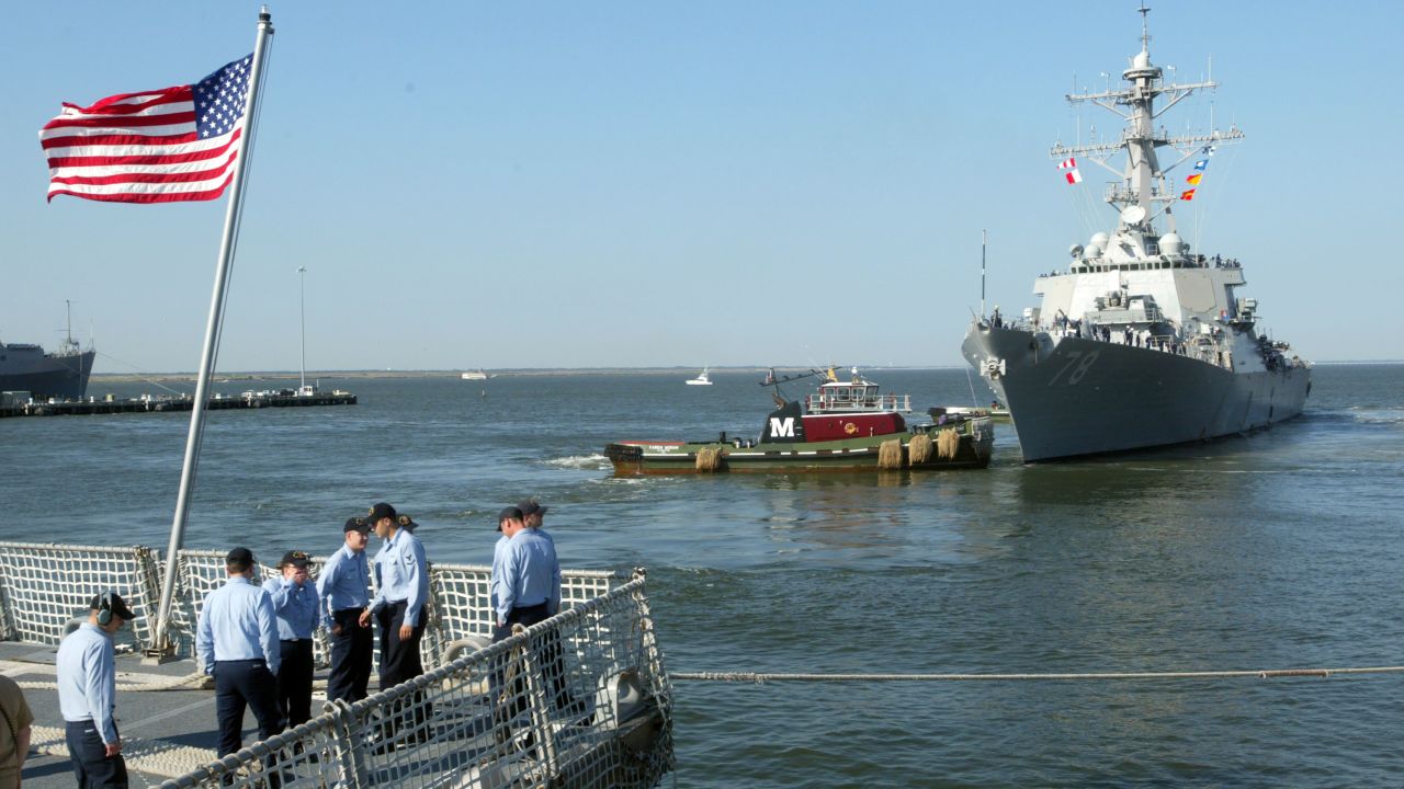 The U.S. Navy said its guided missile destroyer USS Porter, seen here in a 2003 file photo, collided with an oil tanker.