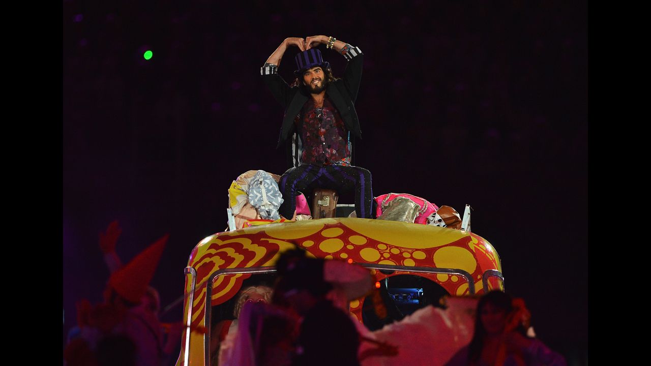Entertainer Russell Brand performs during the closing ceremony.