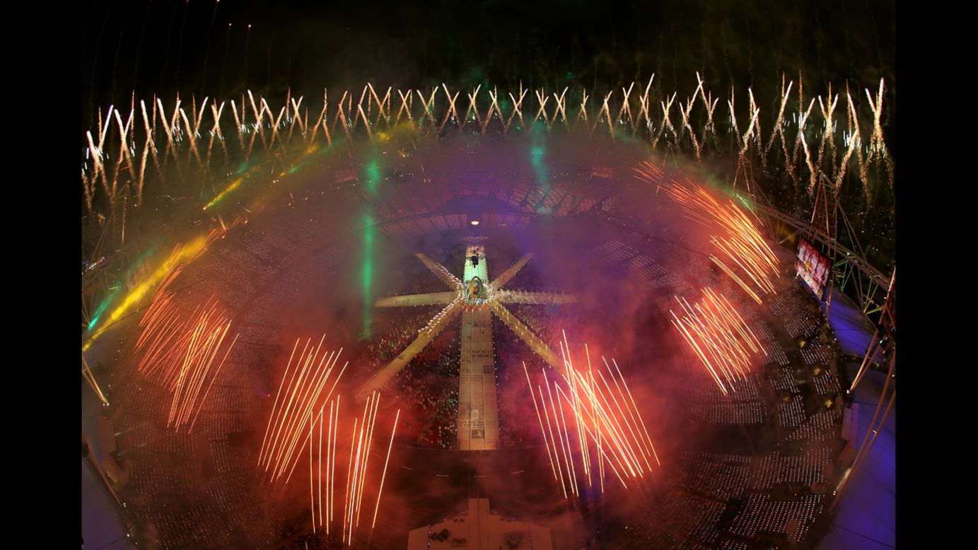 Fireworks explode over the stadium during the closing ceremony.