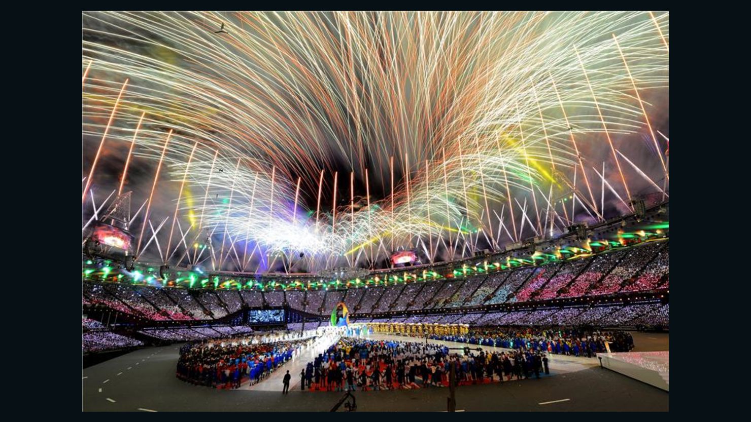 The Olympic Stadium in London erupts with a magnificent display of fireworks as the 30th Olympiad of the modern era ends. 