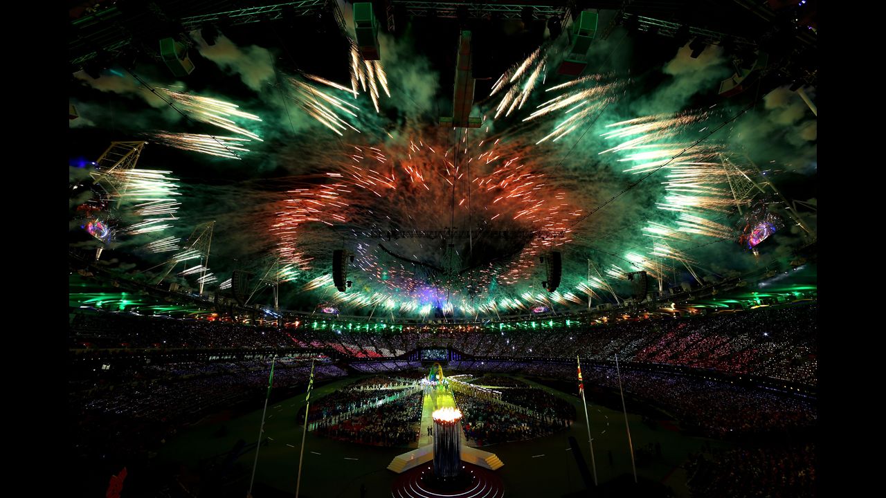 Fireworks light up the Olympic stadium during the closing ceremony.