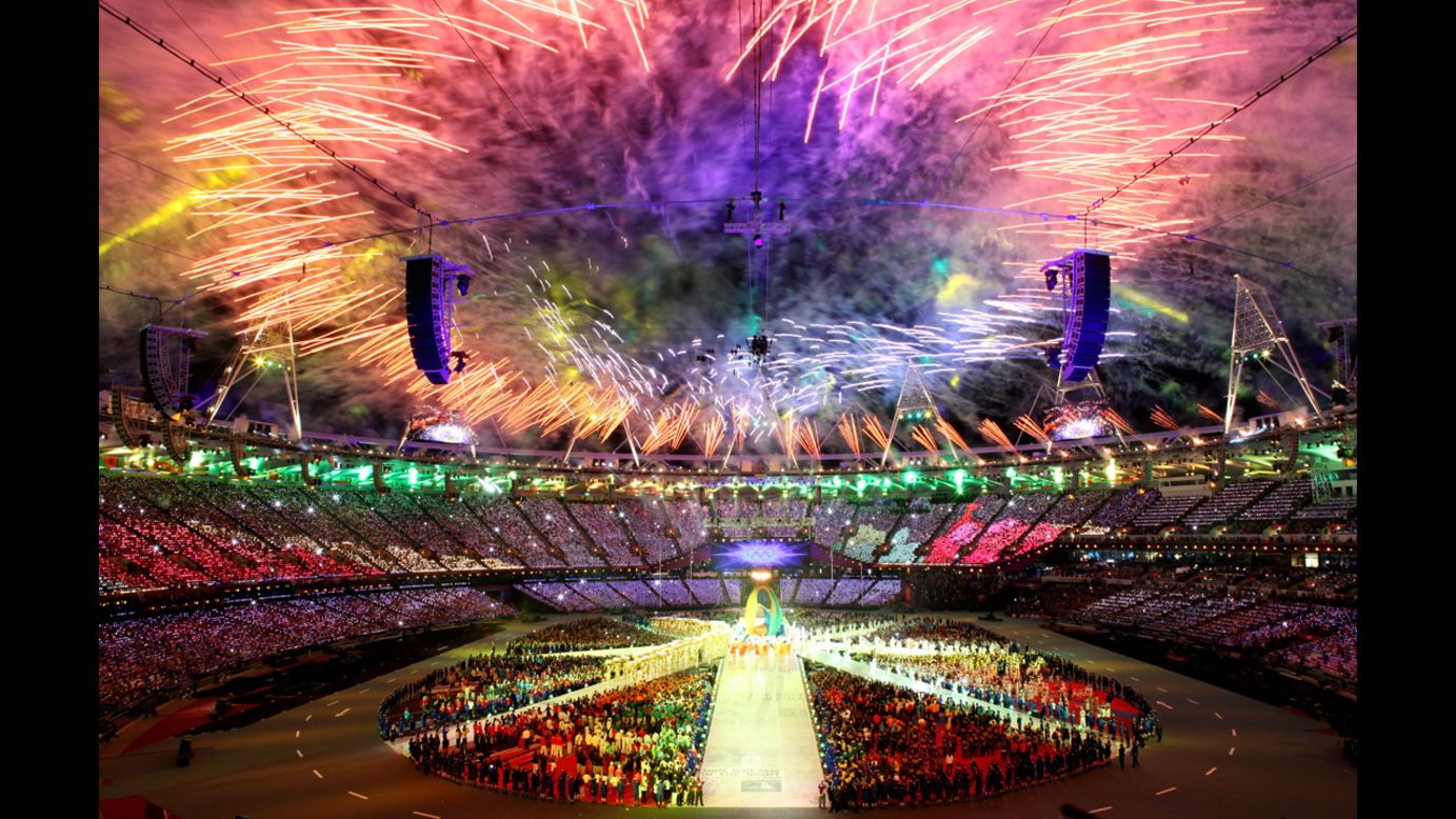 Fireworks explode over the stadium.