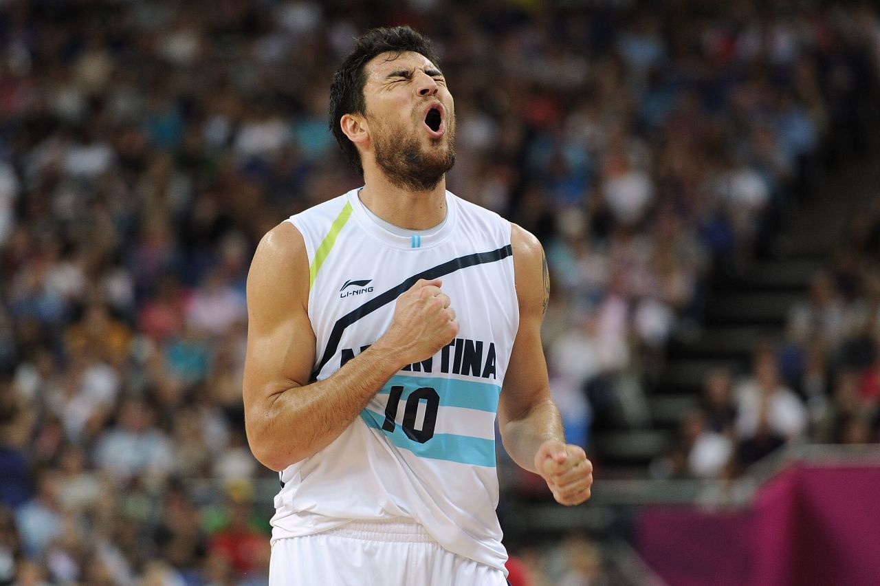 Carlos Delfino of Argentina reacts to a call during the men's basketball bronze medal game against Russia.