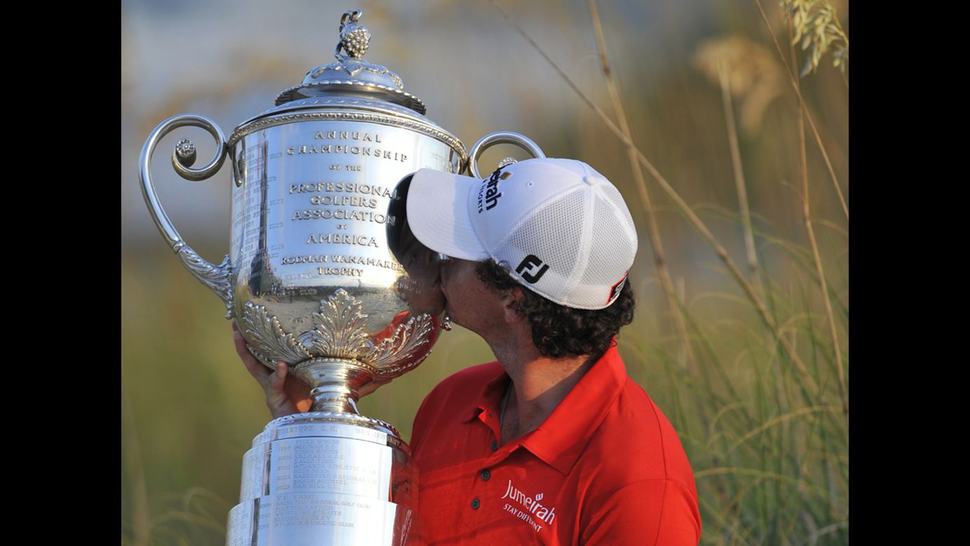 Rory McIlroy kisses his prize after winning the 94th PGA Championship on the Ocean Course at Kiawah Island Golf Resort in South Carolina on Sunday, August 12. See how the action unfolded here. 
