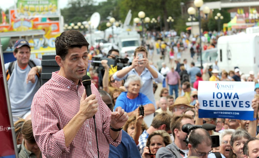 Rep. Paul Ryan of Wisconsin speaks during a campagin stop at the Iowa State Fair in Des Moines on August 13, 2012. It was the newly minted GOP vice presidential candidate's first solo stop since becoming Romney's running mate.