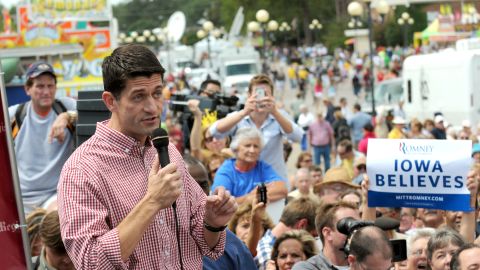 Rep. Paul Ryan of Wisconsin speaks during a campagin stop at the Iowa State Fair in Des Moines on August 13, 2012. It was the newly minted GOP vice presidential candidate's first solo stop since becoming Romney's running mate.
