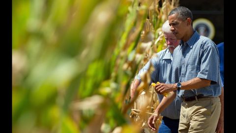 President Obama inspects a drought-stricken area of Missouri Valley, Iowa, with corn farmer Roger McIntosh on August 13 as he campaigns in the area. Since mid-June, corn prices have risen about 60% because of declining crop yields.