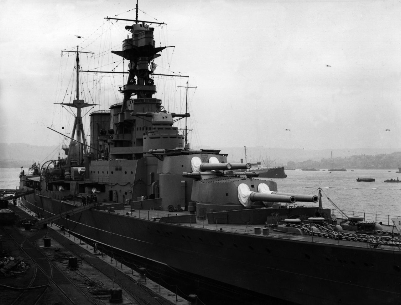The battle cruiser HMS Hood during a dockyard refit. She served in World War II before she was sunk by the Bismarck on May 24, 1941. The shipwreck was located in 2001 -- the 60th anniversary of the battle between the Hood and Bismarck. 
