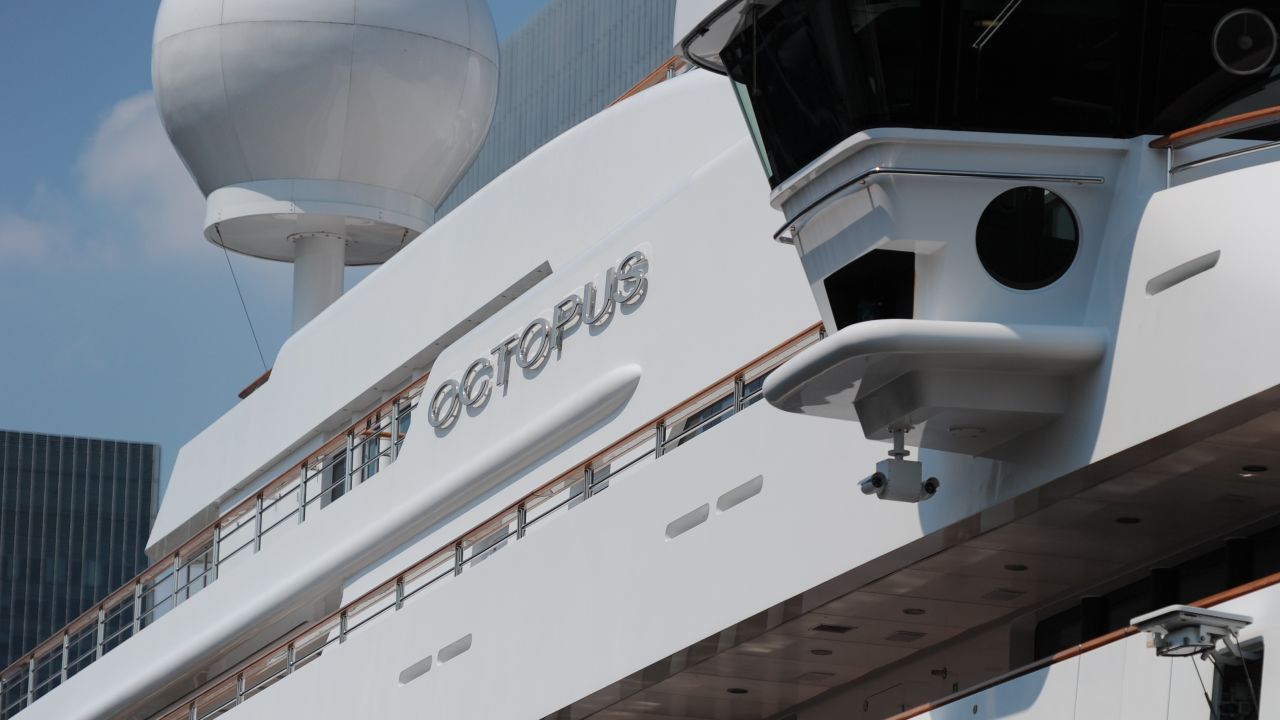 Octopus, the megayacht owned by Paul Allen, moored in Canary Wharf during the London 2012 Olympic Games.