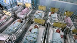 A group of babies lie in a private hospital in Medan, born both through natural birth and caesarean section births on November 11, 2011. More births and weddings took place in Indonesia, the world's most populous Muslim country on the date '11/11/11' in the belief that it is the most auspicious day in a century and being born and wed on this date is seen as most fortunate. AFP PHOTO / SUTANTA ADITYA (Photo credit should read SUTANTA ADITYA/AFP/Getty Images)