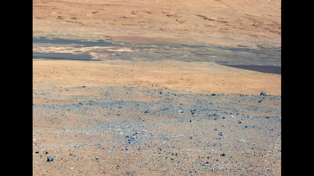 This image, taken from the rover's mast camera, looks south of the landing site toward "Mount Sharp." 