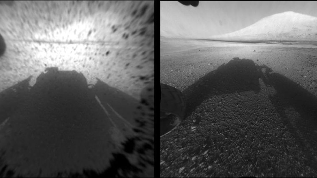 This image comparison shows a view through a Hazard-Avoidance camera on NASA's Curiosity rover before and after the clear dust cover was removed. Both images were taken by a camera at the front of the rover. "Mount Sharp," the mission's ultimate destination, looms ahead. 