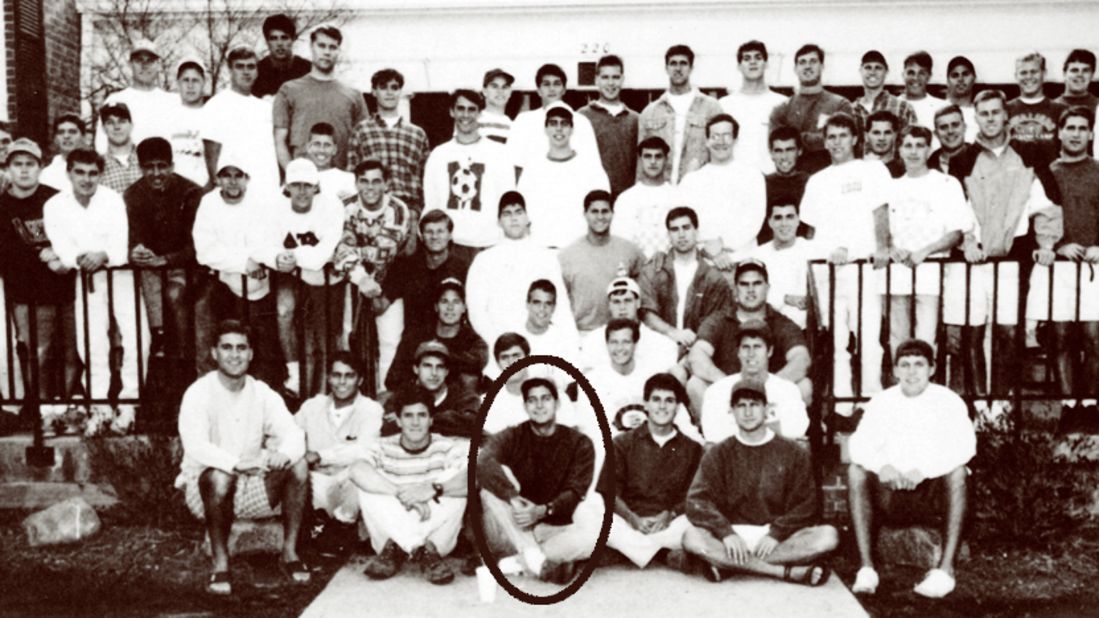 A more grown-up Ryan, center, bottom row, appears in 1992 with his Miami University fraternity Delta Tau Delta in the school's yearbook.