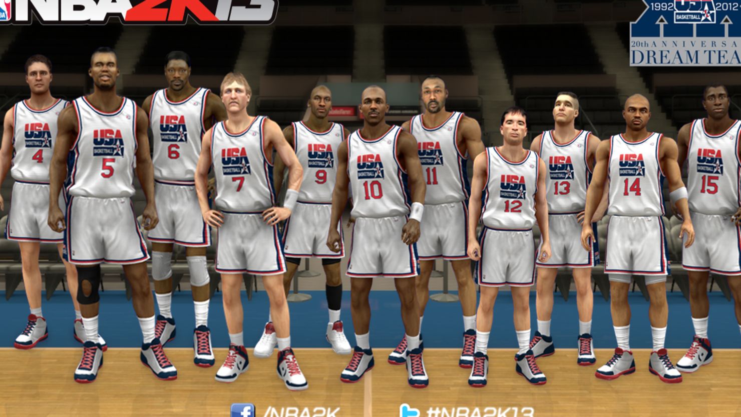 Michael Jordan, No. 9, and other members of the "Dream Team" that won gold in the 1992 Olympic Games in Barcelona.