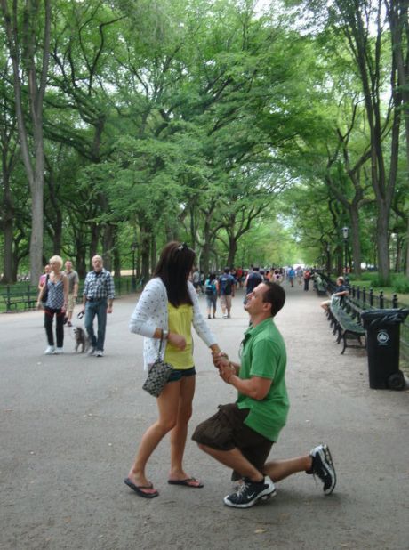 On a day trip to New York in 2010, Christen Mishura and now-husband Corey Mishura, took a stroll in Central Park. As they prepared to have a stranger take a snapshot, Corey got down on a knee with a ring box in hand. "Public proposals definitely add an element of fun to the pressing question at hand," she said.  <a href="http://ireport.cnn.com/docs/DOC-826860" target="_blank">See more about the proposal on Christen Mishura's iReport</a>.   