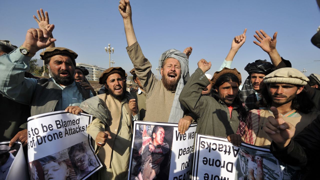 Pakistani tribesmen shout anti-US slogans during a protest in Islamabad in February against the U.S. drone attacks in the Pakistani tribal region.