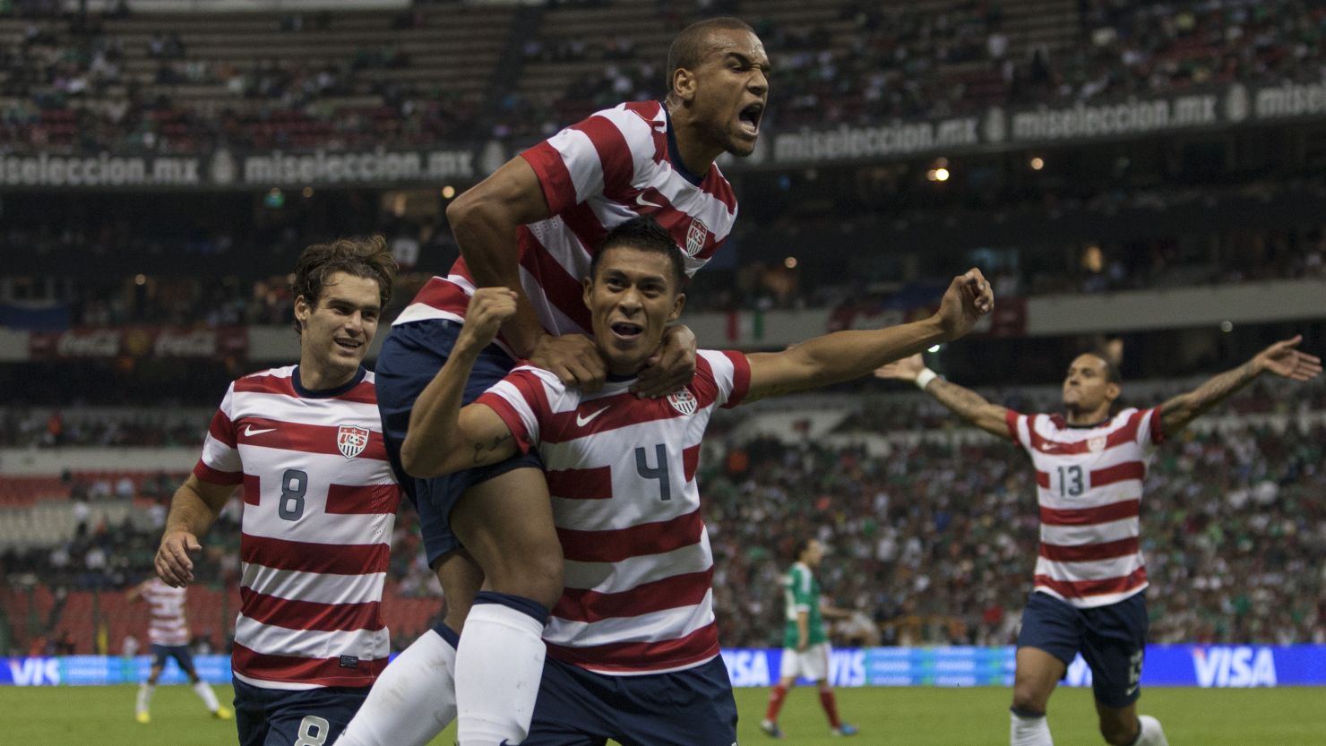 Michael Orozco Fiscal celebrates his late winner for the U.S. against Mexico on Wednesday.