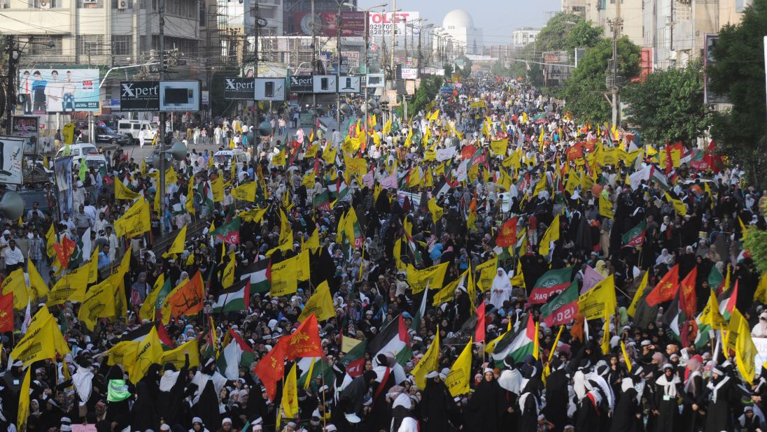 Pakistani Shiite Muslims march during a rally against Israel and the United States on Al-Quds (Jerusalem) day. Most Islamic states honor Al-Quds day, which falls on the final Friday of Ramadan, with protest marches and prayers for Palestinian freedom.