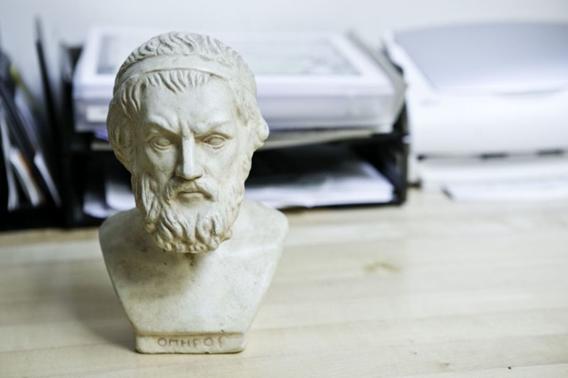 Among the items decorating Katz's office is a bust of Homer found at a garage sale.