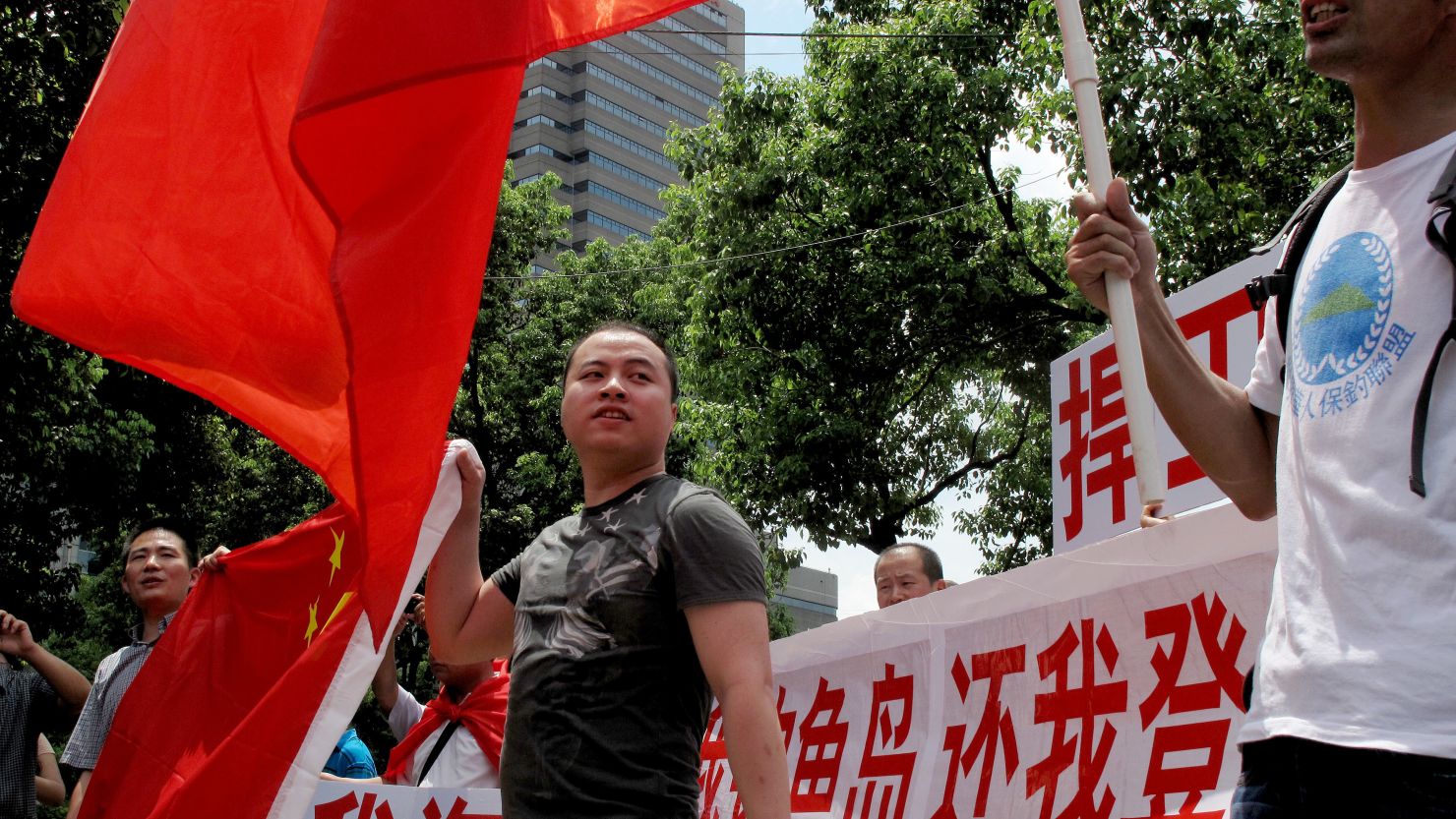 An anti-Japanese protest  is pictured outside the Japanese consulate in Shanghai on Thursday.
