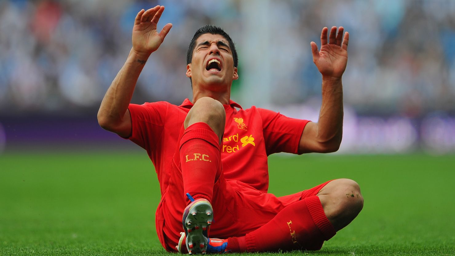 Luis Suarez reacts to a tackle in Liverpool's 3-0 defeat to West Bromwich Albion