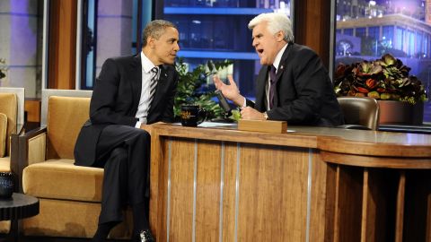 Jay Leno speaks with President Barack Obama on "the Tonight Show with Jay Leno" in October.