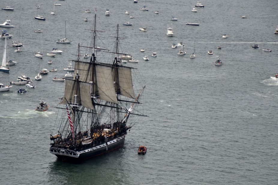 The USS Constitution sets sail Sunday across the Boston Harbor, commemorating the anniversary of her victory over a British frigate during the War of 1812. 