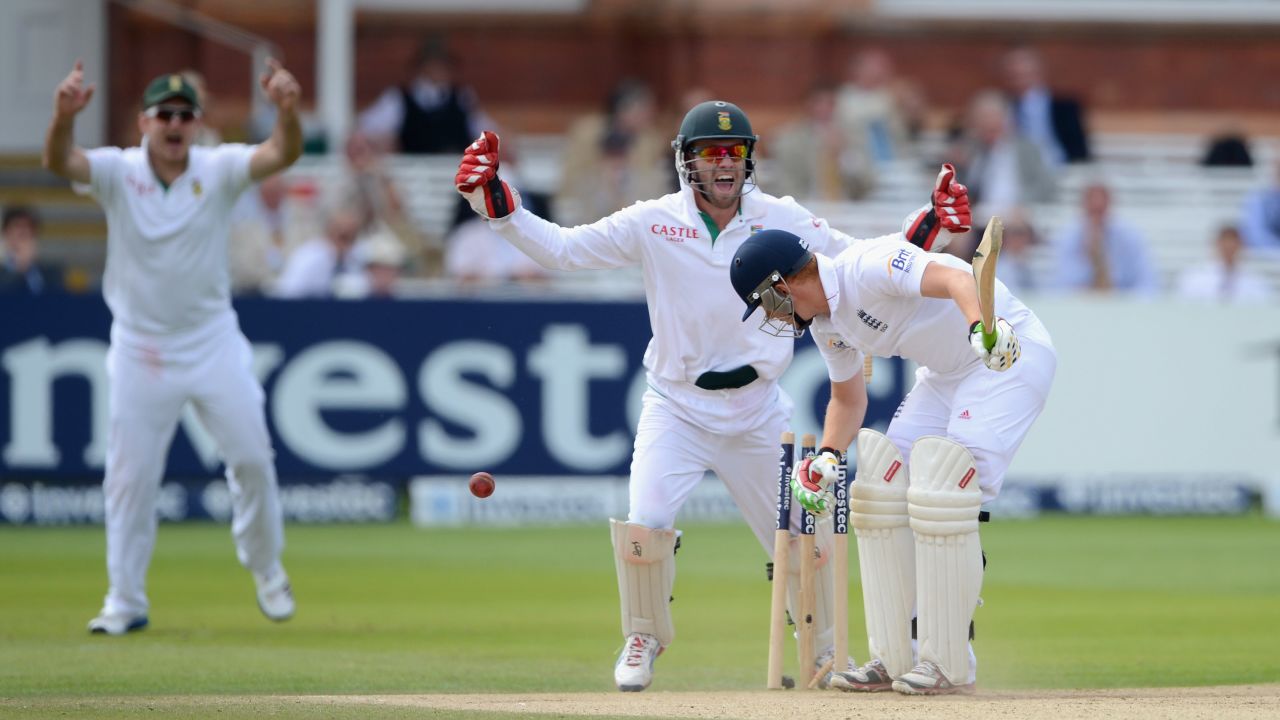 Jonathan Bairstow of England is bowled by Imran Tahir of South Africa during the final day of the third Test at Lord's.