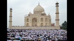 Indian Muslim devotees offer Eid al-Fitr prayers at the historic Taj Mahal in Agra on Monday, August 20. The three-day festival begins after the sighting of a new crescent moon. During Ramadan, devout Muslims abstain from food, drink, smoking and sex from dawn to dusk.