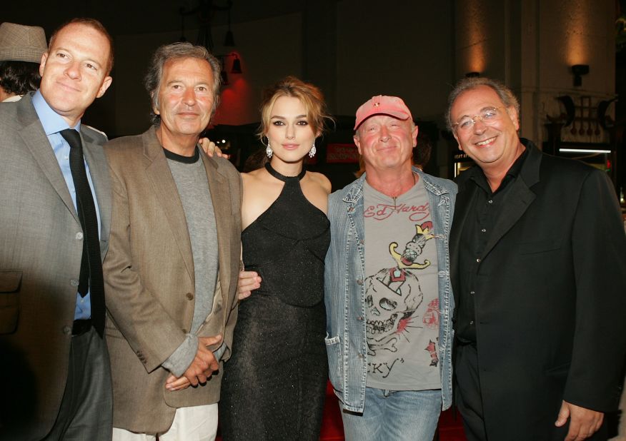 From left, New Line's Toby Emmerich, Bob Shaye, actress Keira Knightley, director Scott and producer Samuel Hadida arrive at the premiere of "Domino" in Hollywood in 2005.