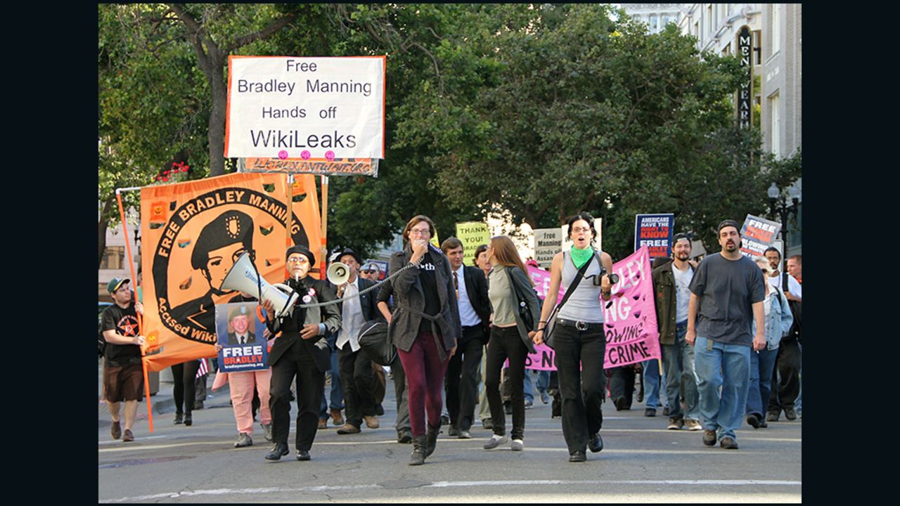 Protesters march toward the Obama campaign headquarters Thursday to demand Bradley Manning's release. 
